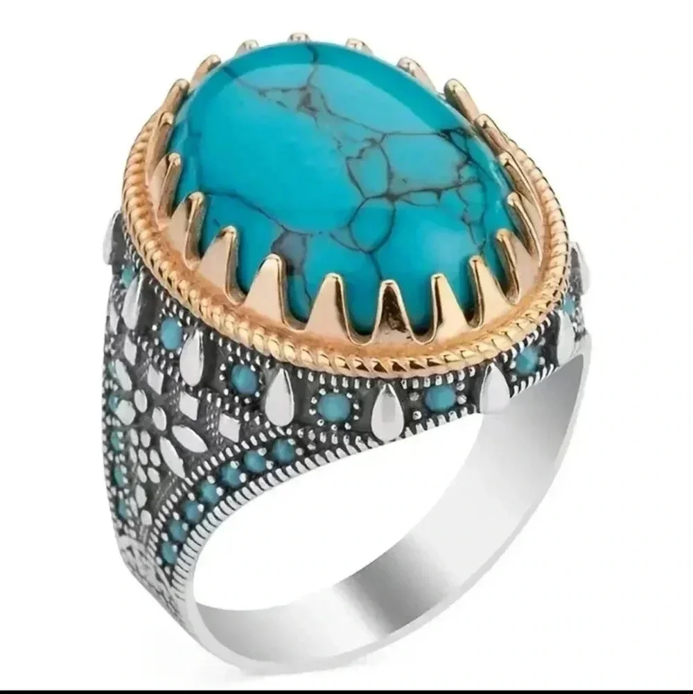 New Vintage Men's Electroplated Two-tone Inlaid Turquoise Ring..NWT - Picture 2 of 5